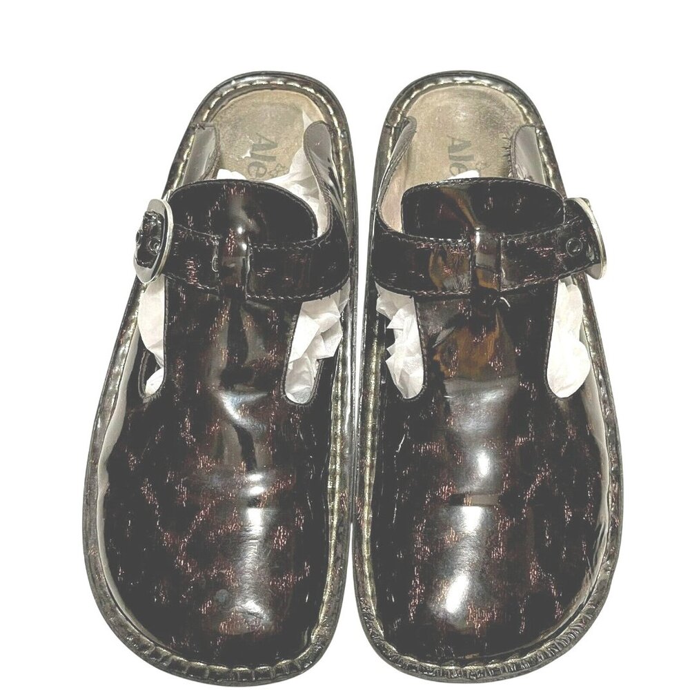Alegria Womens Leather Slip-On Clogs Size 40 Animal Print Patent Leather